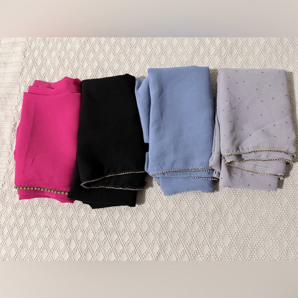 Set of Four Chiffon Scarves - Pink, Black, Blue, Light Gray
